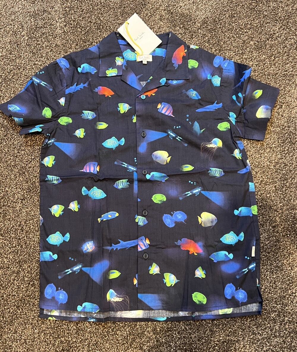 Paul Smith Boys Size 12 Year Short Sleeve 100% Cotton Button Up Shirt Fish print